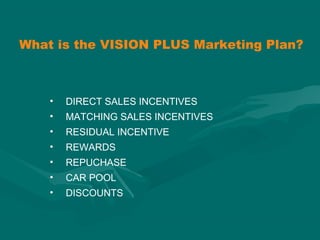 What is the VISION PLUS Marketing Plan?
• DIRECT SALES INCENTIVES
• MATCHING SALES INCENTIVES
• RESIDUAL INCENTIVE
• REWARDS
• REPUCHASE
• CAR POOL
• DISCOUNTS
 