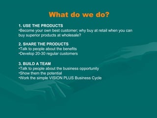 What do we do?
1. USE THE PRODUCTS
•Become your own best customer; why buy at retail when you can
buy superior products at wholesale?
2. SHARE THE PRODUCTS
•Talk to people about the benefits
•Develop 20-30 regular customers
3. BUILD A TEAM
•Talk to people about the business opportunity
•Show them the potential
•Work the simple VISION PLUS Business Cycle
 