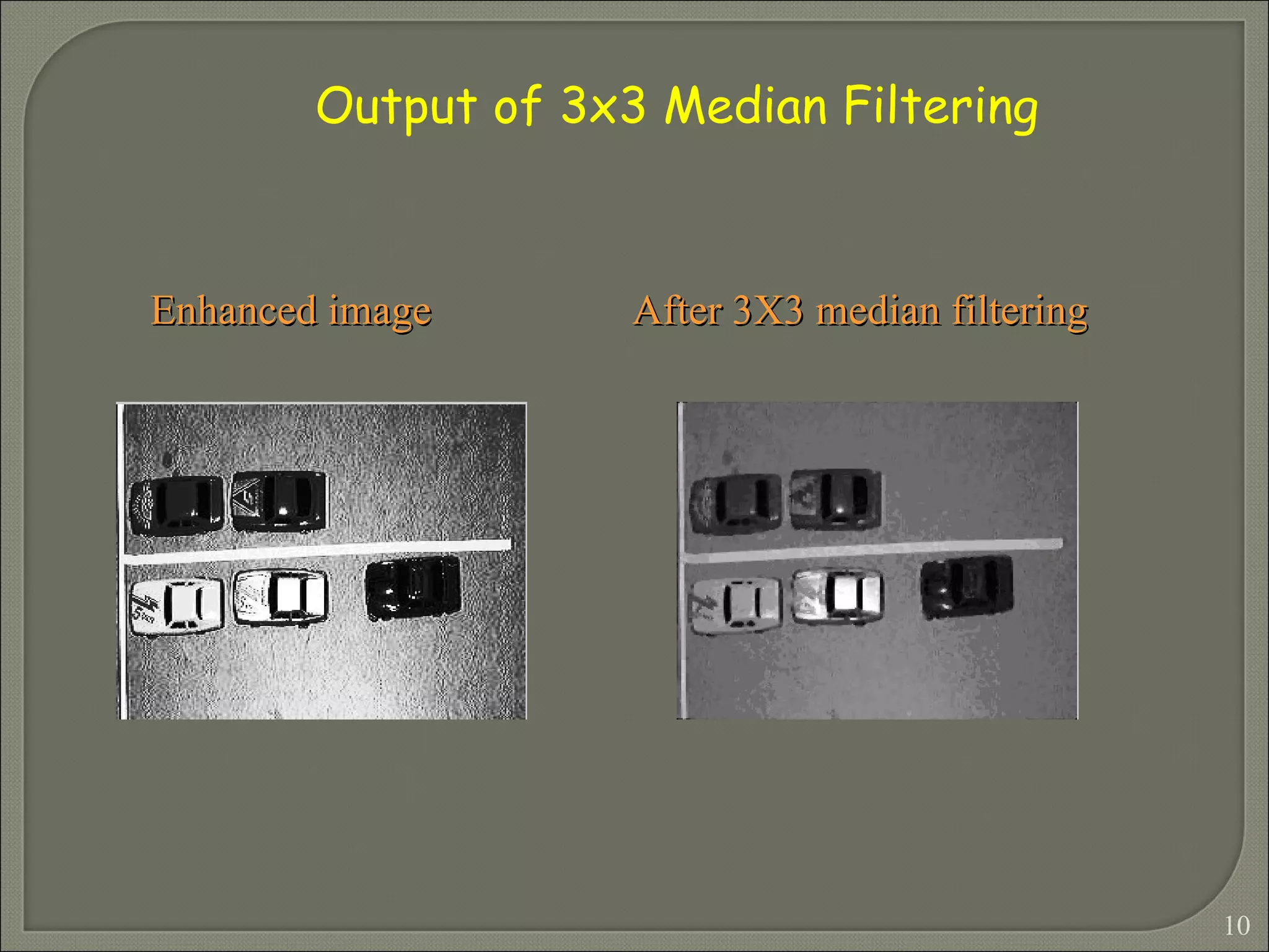 Output of 3x3 Median Filtering Enhanced image  After 3X3 median filtering 