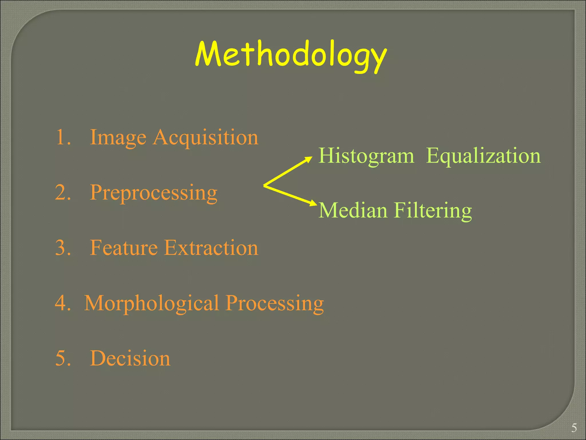 Image Acquisition Preprocessing Feature Extraction Morphological Processing Decision  Methodology Histogram  Equalization Median Filtering 