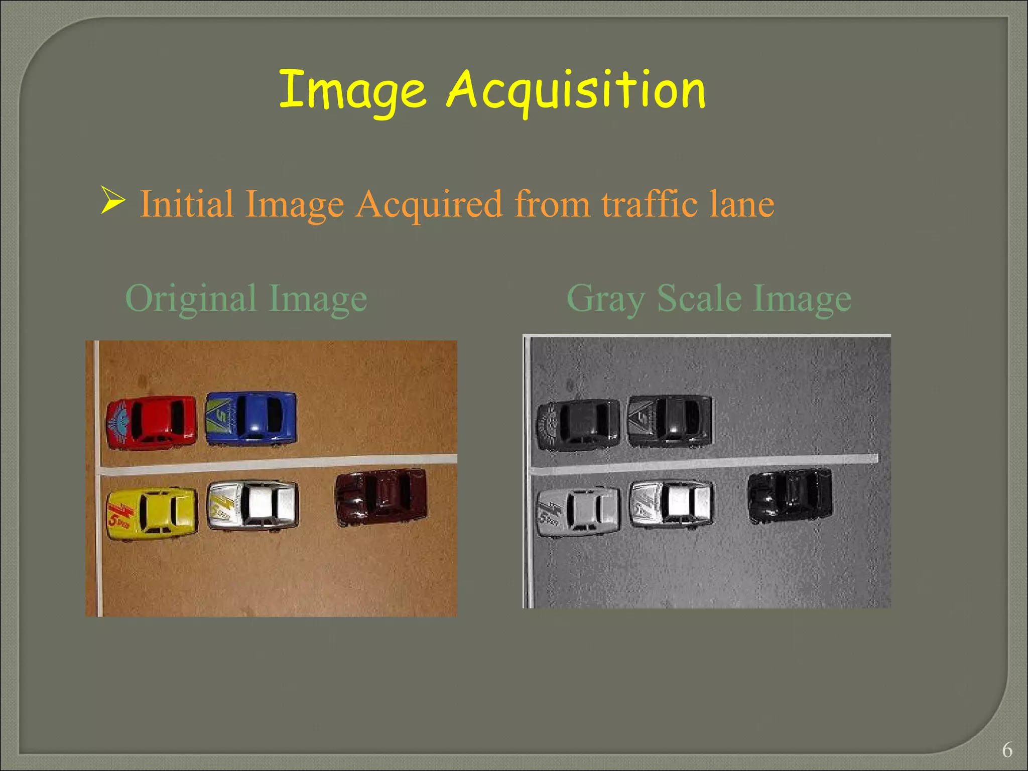 Image Acquisition Initial Image Acquired from traffic lane  Original Image  Gray Scale Image 