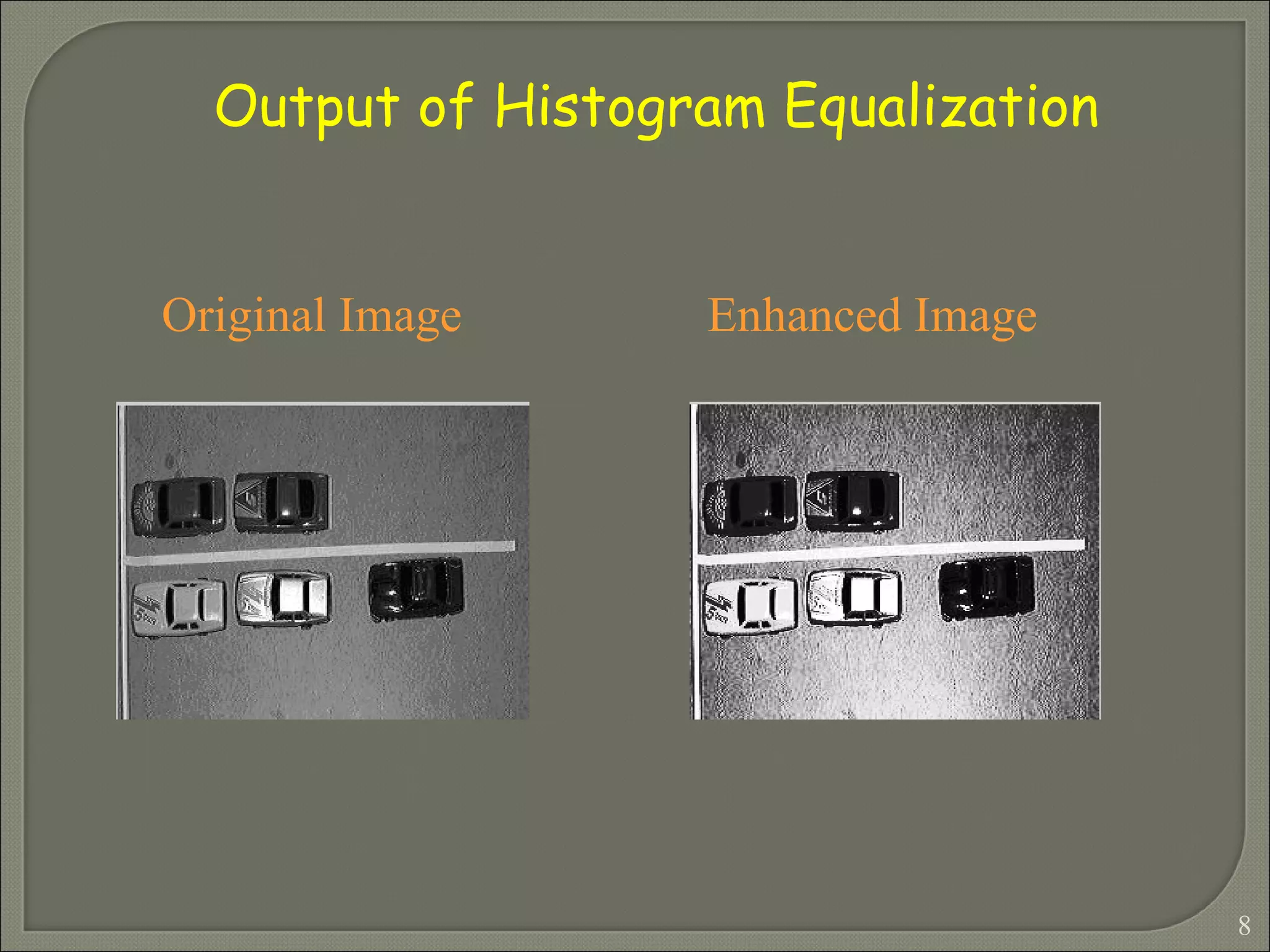 Output of Histogram Equalization Original Image  Enhanced Image 