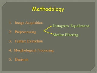 Image Acquisition Preprocessing Feature Extraction Morphological Processing Decision  Methodology Histogram  Equalization Median Filtering 
