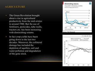AGRICULTURE


•   The Green Revolution brought
    about a rise in agricultural
    productivity from the mid-sixties
    to around 1980. But the use of
    fertilizers, pesticides, tube-wells,
    tractors etc. has been increasing
    with diminishing returns.
•   In fact crop yields have been
    going down in the last two
    decades. Moreover, the collateral
    damage has included the
    depletion of aquifers, soil and
    water pollution and degradation
    of the gene stock.
 