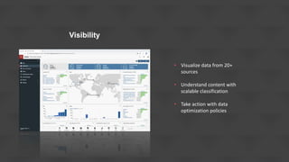 Visibility
• Visualize data from 20+
sources
• Understand content with
scalable classification
• Take action with data
optimization policies
 