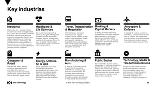 88© 2018 DXC Technology Company
Key industries
Insurance Healthcare &
Life Sciences
Travel, Transportation
& HospitalityWe are the No. 1 provider of core
insurance solutions serving the brok-
ing, carrier and re-insurance markets
to enable clients to build stronger
customer relationships, launch new
digital capabilities and modernize
legacy insurance technology. We
provide market-leading software, a
comprehensive partner ecosystem
and an unrivaled insurance business
process services capability.
We provide industry-leading
software, next-gen offerings and
business process services to
providers, payers, government
health and life sciences firms. We
focus on digital transformation
solutions to improve outcomes for
citizens and patients.
With 40+ years of industry
experience, we support
mission-critical systems for top
airline, consumer travel, freight
and logistics, railway and
hospitality firms. Our solutions
help clients find new sources of
revenue, support growth and
transform operations.
Public Sector
We’re one of the world’s leading
independent IT services providers to
government agencies of several
nations. We partner with agencies
to enhance and create citizen and
staff outcomes and provide secure,
24x7 support to mission-critical
systems and operations.
Energy, Utilities,
Oil & Gas
We’ve supported more than
400 energy businesses
worldwide over 20+ years. Our
solutions help clients rapidly
seize market opportunities,
gain competitive advantage
and evolve with new business
models.
Banking &
Capital Markets
A leading provider of banking
software and front-office managed
trading solutions, we support
banking and capital markets
clients with 30+ years of industry
experience, specialized services
and resources to make
transformation happen.
Manufacturing &
Auto
A leading IT services provider
to automotive, aerospace
and defense, industrial, high
tech and chemical firms, we
combine deep expertise in
manufacturing, connected
products, analytics and security
to help clients drive innovation.
Consumer &
Retail
We help the world’s leading
consumer packaged goods
and retail firms focus on
consumer experience and help
clients seize opportunities in the
face of disruptive digital trends.
Technology, Media &
Telecommunications
We provide innovative business
solutions to the world’s leading
communications, media and
entertainment firms to transform
their business, redefine the
customer experience and
capitalize on digital convergence.
Aerospace &
Defense
A leading IT services provider to
A&D firms, we help clients shorten
time to market, gain insight from
data and adopt digital technologies
to accelerate innovation across
manufacturing and supply chains.
 