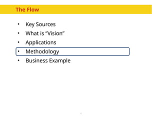 11
The Flow
• Key Sources
• What is “Vision”
• Applications
• Methodology
• Business Example
 