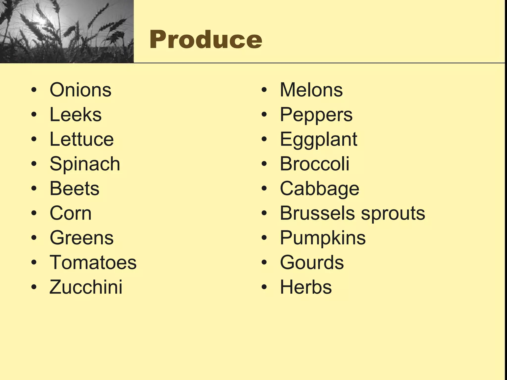 Produce
•   Onions           •   Melons
•   Leeks            •   Peppers
•   Lettuce          •   Eggplant
•   Spinach          •   Broccoli
•   Beets            •   Cabbage
•   Corn             •   Brussels sprouts
•   Greens           •   Pumpkins
•   Tomatoes         •   Gourds
•   Zucchini         •   Herbs
 