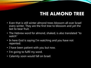 THE ALMOND TREE
• Even that is still winter almond trees blossom all over Israel
every winter. They are the first tree to blossom and yet the
last to bear fruit.
• The Hebrew word for almond, shaked, is also translated “to
watch”
• In here God is saying I’m watching and you have not
repented.
• I have been patient with you but now.
• I’m going to fulfil my word.
• Calamity soon would fall on Israel.
 