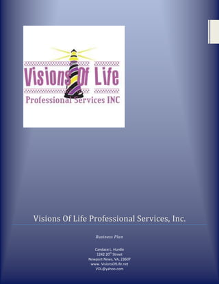 [object Object],Description of Business<br />Visions Of Life, Professional Services, Inc will be a business marketing and consulting company specializing in marketing of small businesses. The company offers business professionals a reliable, high-quality alternative to in-house resources for business development, market development, and channel development.<br />Visions Of Life, Professional Services, Inc will be created as a Virginia S corporation based in Hampton, Virginia, owned by a sole proprietor. The initial office will be established in A-quality office space in the Hampton area of Virginia, the heart of the Virginia business industry. <br />Mission Statement<br />Visions Of Life Professional Services, Inc. has but one mission, to provide superior customer service to our clients. We envision this happening through an exceptional educational approach to marketing that results in long lasting process improvements. Our goal is to establish a lifelong relationship with each valued partner. <br />VOL will work tirelessly to become “vested partners” in the systems and processes that make our clients successful, competitive and comfortable within their markets. We will assist our clients in meeting and exceeding their full potential; helping them to make systemic changes in areas they have identified as important.<br />VOL is dedicated to improvements in the critical business functions: Management performance, employee productivity, and organizational improvements at the most basic of levels. We pledge to keep it simple, informative and useful throughout our joint business life. <br />At VOL we teach businesses how they can compete in an ever evolving market, retain market share improve Customer Satisfaction, employee performance, and field a staff of managers fully prepared to assist them in goal achievement. <br />As the name of the firm indicates, our aim is teaching businesses to envision and apply concepts, techniques and proven business models to management; which is a critical part of a company’s success. <br />VOL is dedicated to stimulating intellectual discussions in your businesses that will result in significant advances in your company’s performance. <br />Marketing<br />Target Market<br />Within the small business firms that VOL plans to target, we will focus on first-time business professionals. Our secondary target will be ministry geared; Pastors and their churches. One of VOL's challenges will be establishing itself as a real consulting and professional services company, positioned as a relatively risk-free corporate service provider.  <br />Market Analysis<br />Year 1Year 2Year 3Year 4Year   5Potential CustomerGrowthCAGRSmall Businesses/ Start-up Entrepreneurs/Churches100.0%475950190038007600100.0%Medium Business/Managers80.0%684123122163989718080.0%Established Companies20.0%9711613916720019.83%Total85.84%12562297425579561498085.84%<br />Competition<br />Industry competition comes in several forms, the most significant being companies that choose to do business development and market research in-house. There are also large, well known management, advertising and consulting firms. These companies are generalist in nature and do not focus on a niche market. VOL strives to combine all three services. Furthermore, they are often hampered by a flawed organizational structure that does not provide the most experienced people for the client's projects. Another competitor is the various market research companies, VOL's advantage over such companies as these is that VOL provides high level consulting to help integrate market research data with the company’s goals and then apply them.<br />VOL will be priced at the upper edge of what the market will bear, competing with the name-brand consultants. The pricing fits with the general positioning of VOL as providing high-level expertise.<br />The company's founders are marketers of consulting services, market researchers, website developers and Advertising professionals all in different markets. They are founding VOL to formalize the consulting services they offer. VOL should be managed by working partners, in a structure taken mainly from Smith Partners. In the beginning we assume 1 sole proprietor but then evolve with 3-5 partners.<br />The firm estimates profits of approximately $65,000 by Year 3 with a net profit margin of 6%. The company plans on taking on approximately $130,000 in current debt and raise an additional $50,000 in long-term debt to invest in long-term assets. The company does not anticipate any cash flow problems arising.<br />We will obtain our first clients through word-of-mouth from the board of directors and board of advisors as well as the previous connections of Paul Berry's freelance business. Each mini-site will contain a small quot;
powered by MarketCampquot;
 logo which will lead to information about us. Because of the quality of our work, and the desirability of our expertise, we expect to add a number of clients in the near future.<br />Marketing Strategy <br />Competitive Edge<br />The strongest competitive edge that VOL has is our expertise in a very complicated field. Obtaining high click-through and top placement in search engines is a fine art that our founder has tremendous, world-class experience in. <br />Sales Strategy<br />The beauty of this business is in the subscription model and the commissions based earnings. Once we sign a client, most will stay for a long period of time, possibly for the lifetime of the business. We feel 30% to 60% growth rates are very modest; therefore we could potentially sign many clients more quickly.<br />VOL will market through T.V. Commercials, Website Ads, Direct mail, Flyers, Business Cards and of course word of Mouth<br />Sales Forecast<br />We expect that a 30% to 60% growth rate throughout the first year is very modest. If we find more clients signing up we can scale the team quickly to reach those expectations. The back-end of the business will be built by the founder and a network of top programmers.<br />Sales ForecastYear 1Year 2Year 3SalesMonthly Revenue$210,550 $290,000 $410,000 Commission Sales$86,760 $130,000 $200,000 Total Sales$297,310 $420,000 $610,000 Direct Cost of SalesYear 1Year 2Year 3Monthly Revenue$39,831 $54,860 $77,561 Commission Sales$17,352 $26,000 $40,000 Subtotal Direct Cost of Sales$57,183 $80,860 $117,561 <br />Products & Services<br />For Businesses:For Churches:  <br />Business CardsBusiness cards<br />Website DevelopmentWebsite Development<br />Event PlanningSeminar Coordination<br />FlyersWeekly Bulletins<br />Business AdvisingChurch Accounting<br />Logo CreationStationary/Letterheads<br />Bulletins/Brochures                                                                                                                Calendar Management<br />Banners                                                                                                                                   Posters<br />Posters                                                                                                                                     Banners<br />Business Advising                                                                                                                  Marketing Consulting<br />Marketing Consulting                                                                                                             Event Planning<br />For Professional Individuals:<br />Resume Building<br />Business Cards<br />Website Development<br />Business Advising<br />Job Search Aid<br />Product Costs<br />The product costs consists of all materials, services, and hardware.<br />Cost of Goods<br />ProductQuantityPrice<br />HP Multipurpose Paper(2500)$ 26.99<br />HP Matte Laser Paper (photo)(100)$ 18.99<br />HP Glossy Laser Paper (photo)(100)$ 35.99<br />HP Trifold Color Laser Glossy Brochure(150)$ 25.99<br />HP Trifold Color Laser Matte brochure(150)$ 20.99<br />Avery Clean Edge Business Card(1000 Cards)$ 56.99<br />*Note: Paper used by Visions Of Life Professional Services Inc. will be from recycled material. Paper will be bought in Bulk (5 packages at a time)-Once every 3 months.<br />Personnel <br />Job Descriptions<br />Printer/Production Specialist 1<br />Duties and Responsibilities: (Any one position may not include all of the listed duties, nor do all of<br />the listed examples include all tasks which may be found in positions within this classification.)<br />Operations<br />Coordinates, schedules, facilitates and monitors printing and production services for the Sacramento<br />County Office of Education (SCOE); organizes and implements a production work schedule for processing requests; creates and implements an accountability system for each phase of the production schedule to insure the timely completion and availability of projects; provides direction and support during schedule interruptions to accommodate emergency requests; operates printing presses, cameras and other production equipment as needed; verifies completed projects meet quality standards; monitors all printing systems to insure appropriate and safe procedures are followed as required by operation manuals; performs other related duties commensurate with the requirements of the printing and production department.<br />Consultation/Client Services<br />Provides consultation and assistance to clients during project development regarding the printing production process including how to coordinate and facilitate the project’s requirements in a timely manner, formulating and preparing print requests, choosing appropriate paper and ink combinations, and the impact of choosing the appropriate paper quality for the finished print job; recommends various printing systems including cost analysis and timeline impacts for specified projects; acts as a resource to advise SCOE and district clients regarding appropriate printing and production methods to meet print needs within budgeted goals; coordinates printing and production requirements with outside vendors as necessary.<br />Minimum Qualifications<br />Education, Training, and Experience:<br />Any combination of education, training, and experience which demonstrates ability to perform the duties and responsibilities as described, including progressively responsible experience in business printing and production needs; experience working in a lead role is desirable; experience operating offset presses, and related equipment..<br />Knowledge of:<br />Print shop operations including the relationship between graphic artwork, offset printing, and computer generated printing products; maintaining print and copy schedule formats to meet shop needs; desktop publishing programs including Publisher, In-Design, Adobe Illustrator and other related programs; and safety regulations including the safe use of chemicals related to the printing process.<br />Printing/Production Specialist 2<br />Skill and Ability to:<br />Effectively coordinate priorities of various production functions simultaneously; follow strict production<br />timelines; organize and conduct production meetings with a variety of clients; effectively communicate in<br />both oral and written form; exercise a high degree of judgment and utilize various strategies regarding<br />project development and the production process; interface emergency requirements into the production<br />process; prepare job cost estimates; troubleshoot and perform operator maintenance on copiers, presses<br />and other related production equipment; operate office equipment including computers; determine paper<br />types, weights, finishes and sizes; provide technical direction and support to staff and clients; lift and carry<br />supplies, printed materials, and bulk paper; establish and maintain cooperative working relationships with<br />staff and clients.<br />Website Developers<br />The Web Application Developer will be responsible for supporting the existing infrastructure as well as develop new technologies.<br />The ideal candidate must display excellent written and oral skills with demonstrated interpersonal and organization abilities. A candidate for this position must be able to work in a varied, fast paced environment. Flexibility and tolerance is a necessity. Candidate must be willing to travel extensively during the summer months.<br />Essential Duties and Responsibilities: include the following. Other duties may be assigned as required.<br />Develop new Web applications as identified by supervisor and management through packaged and customized applications. <br />Create a company-wide Intranet, allowing data manipulation for each internal staff member. <br />Maintain and enhance existing Web applications and all internal systems are integrated. <br />Perform complete testing of Web applications–unit and system, engaging users as necessary. <br />Conduct all user acceptances testing, and report results. <br />Design and implement user-driven templates, databases and interfaces for ease of use. <br />Develop database-driven Web interfaces for rapid, real-time information sharing. <br />Develop external Web portals allowing users to input and retrieve accurate information. <br />Participate in dynamic priority setting sessions as the summer season unfolds. <br />Candidate must be a team player and willing to teach and to learn. <br />The Ideal candidate will also possess the following skills:<br />Able to work independently and efficiently to meet deadlines. <br />Able to promptly answer support related email, phone calls and other electronic communications. <br />Self-motivated, detail-oriented and organized. <br />Experience with hardware and software issues. <br />Proficient in Internet related applications such as E-Mail clients, FTP clients and Web Browsers. <br />Excellent communication (oral and written), interpersonal, organizational, and presentation skills. <br />Typing proficiency: 40-60 wpm. <br />Qualifications: To perform this job successfully, an individual must be able to perform each essential duty satisfactorily. The requirements listed below are representative of the knowledge, skill, and/or ability required.<br />Education and/or Experience:<br />Bachelor’s degree in computer science, MIS, or related experience. <br />Must possess superior skills in ColdFusion 7 +. <br />Must possess superior skills in SQL. <br />Must possess strong skills in Object Oriented ColdFusion Development. <br />Must possess strong skills in Microsoft SQL Server 2005. <br />Minimum of three years of ColdFusion experience. <br />Experience in structured environment with increasing levels of responsibility and complexity. <br />Previous experience in a nonprofit industry a plus. <br />Previous experience with ticketing, merchandise, Point-Of-Sale systems a plus. <br />The ability to communicate and teach non-technical users a must. <br />Excellent written and oral communications skills. <br />Strong attention to detail. <br />Ability to work additional hours as needed. Summer weekends required. <br />Respond proactively to training, technical support and customer service needs in line with provided guidelines. <br />Flash video/animation experience a plus. <br />Business Consultants<br />iness consultants are experts on various business practices and monitor a company by making suggestions on how the company can become more productive and profitable. They usually deal with specific departments within an organization like management, marketing or advertising. <br />Duties and Responsibilities<br />The primary responsibility of a business consultant is to analyse, plan, implement and evaluate projects <br />He works with clients to discuss and reach project targets and meet expectations <br />He discusses strategies with teammates and leaders to deliver the best solutions for the projects <br />He has to follow market trends to develop a brand and also to make improvements in existing products and services <br />They must network with clients to build relations and sustain them <br />He must prepare and present business proposals and presentations <br />He needs to carry out extensive research on business and market trends and incorporate those results in the strategy for the company <br />Data collection on different aspects of the industry is also part of the job which helps him to advise a client and maximise the business performance of the client <br />Skills and Specifications<br />Business consultants must have good analytical, deduction and problem-solving skills <br />They must have good communication skills, both written and verbal <br />They must be confident and outgoing and be adaptable to change <br />They must be versatile and deal with clients from various walks of life <br />They need to know about the basics of computers and follow the latest technology <br />Long hours are quite common in this field, and hence they business consultants must be able to deal with stress and work under pressure <br />He also needs to have good presentation skills <br />Education and Qualifications<br />Business consultants usually have a bachelor’s degree in business management, sales, economics or finance. One can also go for an MBA or an equivalent course.<br />Marketing Researchers<br />The Market Research Analyst is principally responsible for interpreting data, formulating reports and making recommendations based upon the research findings. To accomplish this task, the Market Research Analyst works with the client (either internal or external) to understand, define and document the overarching business object. The Market Research Analyst applies qualitative and quantitative techniques to interpret the data and produce substantiated recommendations. Market Research Analysts frequently present the findings and recommendations to the client.<br />Responsibilities:<br />,[object Object]