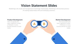 Vision Statement Slides
Marketing is the study and management of exchange relationships. Marketing is the business process
of creating relationships with and satisfying customers.
Product Development
There are people who
have a significant number
of followers in every
business domain on social
media.
Market Development
There are people who
have a significant number
of followers in every
business domain on social
media.
A B
 