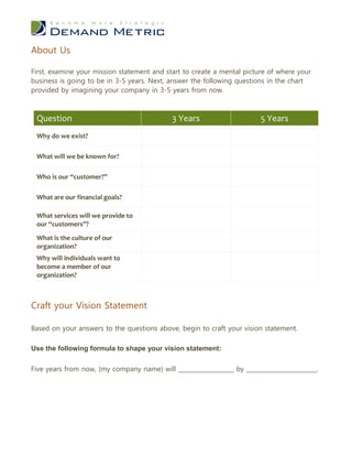 About Us

First, examine your mission statement and start to create a mental picture of where your
business is going to be in 3-5 years. Next, answer the following questions in the chart
provided by imagining your company in 3-5 years from now.



 Question                                    3 Years                     5 Years
 Why do we exist?

 What will we be known for?

 Who is our “customer?”

 What are our financial goals?

 What services will we provide to
 our “customers”?

 What is the culture of our
 organization?
 Why will individuals want to
 become a member of our
 organization?



Craft your Vision Statement

Based on your answers to the questions above, begin to craft your vision statement.

Use the following formula to shape your vision statement:

Five years from now, (my company name) will ___________________ by ________________________.
 
