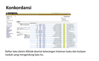 Konkordansi
Daftar kata dalam Alkitab disertai keterangan halaman buku dan kutipan
naskah yang mengandung kata itu.
 