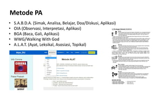 Metode PA
• S.A.B.D.A. (Simak, Analisa, Belajar, Doa/Diskusi, Aplikasi)
• OIA (Observasi, Interpretasi, Aplikasi)
• BGA (Baca, Gali, Aplikasi)
• WWG/Walking With God
• A.L.A.T. (Ayat, Leksikal, Asosiasi, Topikal)
 