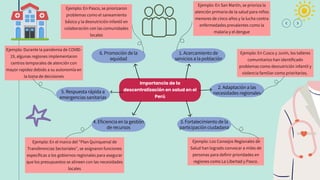 Importancia de la
descentralización en salud en el
Perú
1. Acercamiento de
servicios a la población
2. Adaptación a las
necesidades regionales
3. Fortalecimiento de la
participación ciudadana
4. Eficiencia en la gestión
de recursos
5. Respuesta rápida a
emergencias sanitarias
6. Promoción de la
equidad
Ejemplo: En San Martín, se prioriza la
atención primaria de la salud para niños
menores de cinco años y la lucha contra
enfermedades prevalentes como la
malaria y el dengue​
Ejemplo: En Cusco y Junín, los talleres
comunitarios han identificado
problemas como desnutrición infantil y
violencia familiar como prioritarios.
Ejemplo: Los Consejos Regionales de
Salud han logrado convocar a miles de
personas para definir prioridades en
regiones como La Libertad y Pasco​
.
Ejemplo: En el marco del "Plan Quinquenal de
Transferencias Sectoriales", se asignaron funciones
específicas a los gobiernos regionales para asegurar
que los presupuestos se alineen con las necesidades
locales​
Ejemplo: Durante la pandemia de COVID-
19, algunas regiones implementaron
centros temporales de atención con
mayor rapidez debido a su autonomía en
la toma de decisiones​
Ejemplo: En Pasco, se priorizaron
problemas como el saneamiento
básico y la desnutrición infantil en
colaboración con las comunidades
locales
 