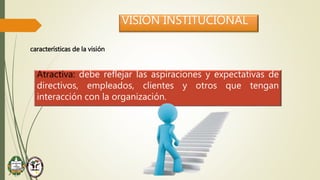 VISIÓN INSTITUCIONAL
características de la visión
Atractiva: debe reflejar las aspiraciones y expectativas de
directivos, empleados, clientes y otros que tengan
interacción con la organización.
 