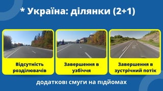 * Україна: ділянки (2+1)
Завершення в
узбіччя
Відсутність
розділювачів
Завершення в
зустрічний потік
додаткові смуги на підйомах
 