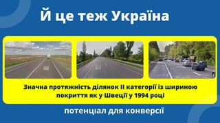 Й це теж Україна
Значна протяжність ділянок ІІ категорії із шириною
покриття як у Швеції у 1994 році
потенціал для конверсії
 