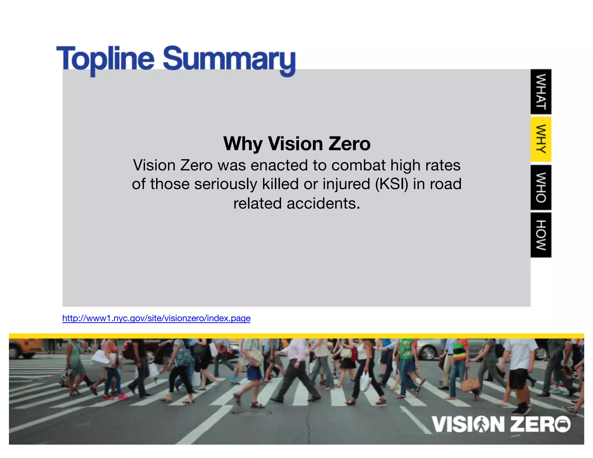 Why Vision Zero
Vision Zero was enacted to combat high rates
of those seriously killed or injured (KSI) in road
related accidents.
http://www1.nyc.gov/site/visionzero/index.page
 