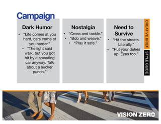 Dark Humor
• “Life comes at you
hard, cars come at
you harder.”
• “The light said
walk, but you got
hit by a speeding
car anyway. Talk
about a sucker
punch.”
Nostalgia
• “Cross and tackle.”
• “Bob and weave.”
• “Play it safe.”
Need to
Survive
• “Hit the streets.
Literally.”
• “Put your dukes
up. Eyes too.”
 
