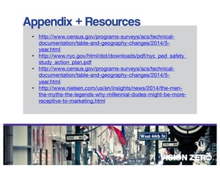 • http://www.census.gov/programs-surveys/acs/technical-
documentation/table-and-geography-changes/2014/5-
year.html
• http://www.nyc.gov/html/dot/downloads/pdf/nyc_ped_safety_
study_action_plan.pdf
• http://www.census.gov/programs-surveys/acs/technical-
documentation/table-and-geography-changes/2014/5-
year.html
• http://www.nielsen.com/us/en/insights/news/2014/the-men-
the-myths-the-legends-why-millennial-dudes-might-be-more-
receptive-to-marketing.html
 