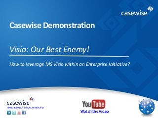 © 2014 Casewise Systems Ltd
Casewise Demonstration
Visio: Our Best Enemy!
How to leverage MS Visio within an Enterprise Initiative?
www.casewise.fr | www.casewise.com
Watch the Video
 