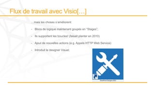 …mais les choses s’améliorent:
- Blocs de logique maintenant goupés en “Stages”;
- Ils supportent les boucles! (faisait planter en 2010)
- Ajout de nouvelles actions (e.g. Appels HTTP Web Service)
- Introduit le designer Visuel;
 