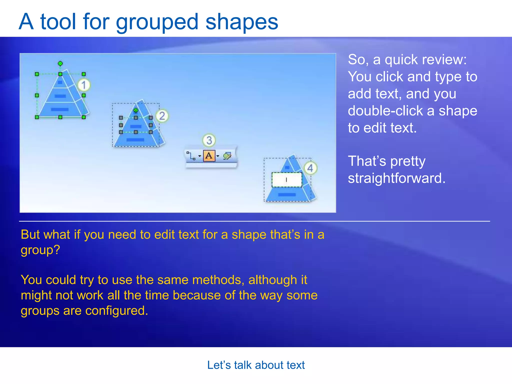 Let’s talk about textDouble-click to editWhat if you need to edit text that’s already on the shape? You do things a little differently: Double-click the shape. Visio will zoom in on the shape text. Change the text as you see fit.