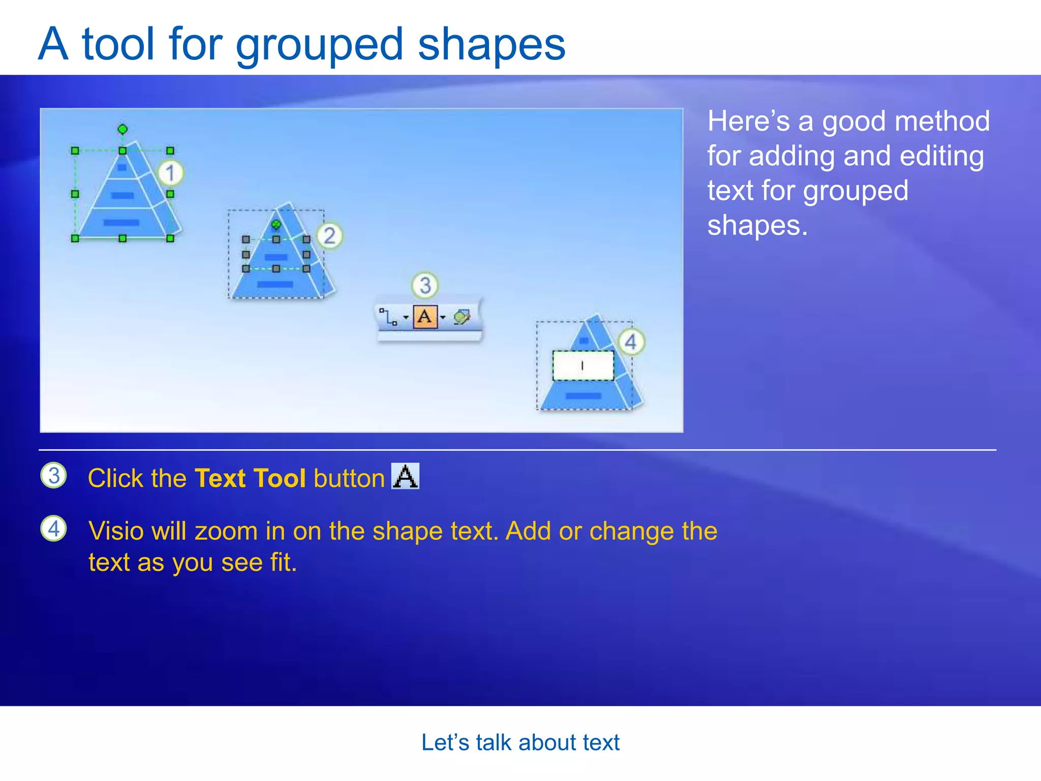Let’s talk about textA tool for grouped shapesSo, a quick review: You click and type to add text, and you double-click a shape to edit text. That’s pretty straightforward. But what if you need to edit text for a shape that’s in a group? You could try to use the same methods, although it might not work all the time because of the way some groups are configured.