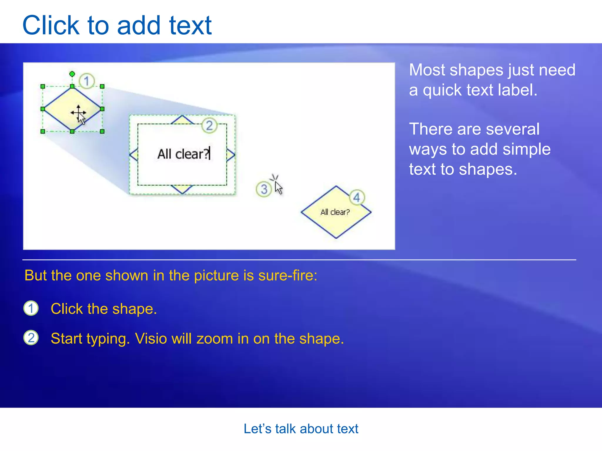 Avoid common pitfalls associated with text in Visio, like how to get out of text mode when you don’t need to be in it. Lesson Add and edit text