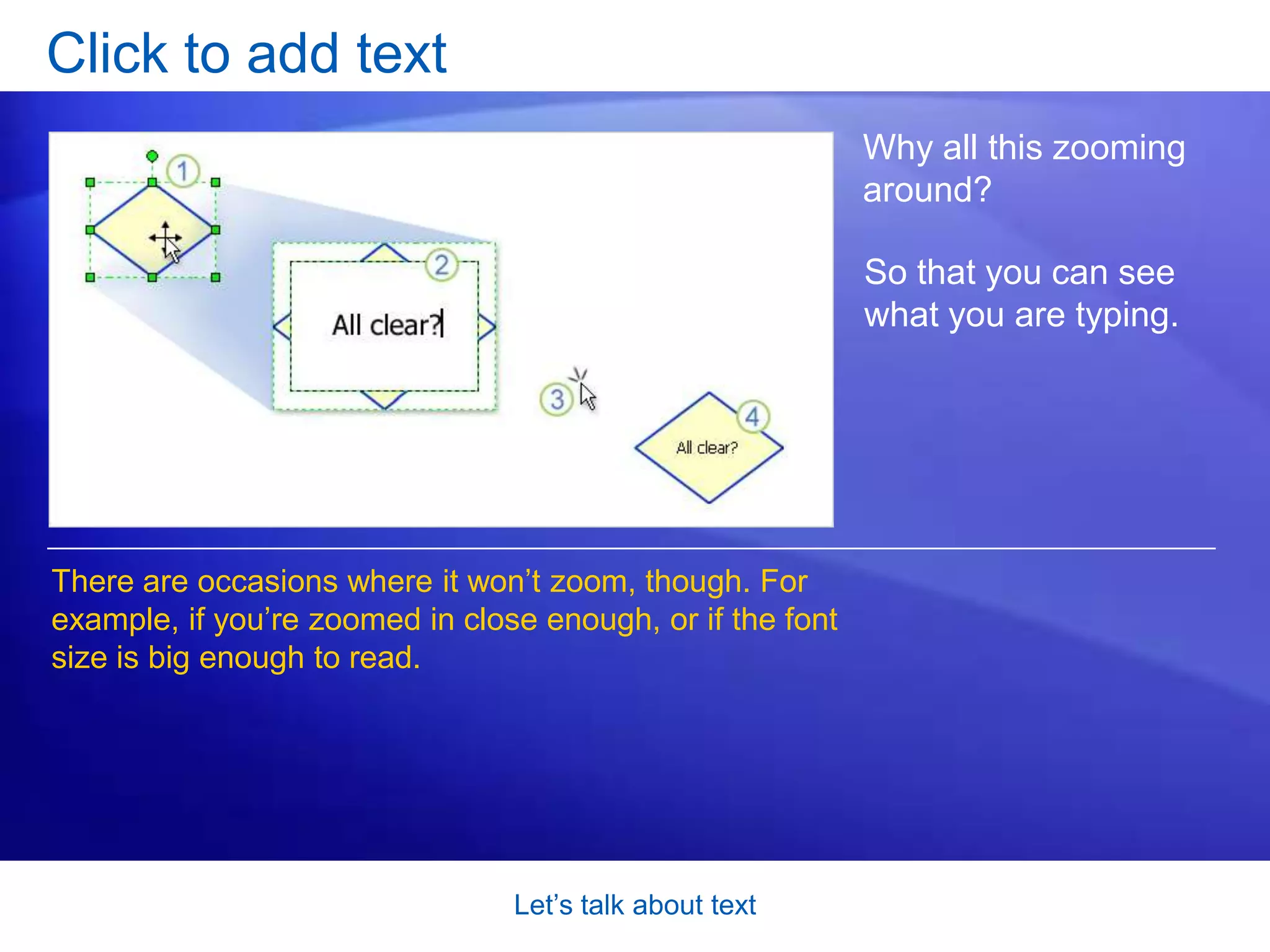 Let’s talk about textClick to add textMost shapes just need a quick text label. There are several ways to add simple text to shapes. But the one shown in the picture is sure-fire:Click the shape.Start typing. Visio will zoom in on the shape. 