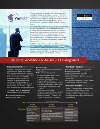 The Next Generation End-to-End REO Management
®VisiREO
Over the last couple of decades, REO management has
evolved from being viewed as the “necessary evil” of a
mortgage service operation to an important element in an
organization’s loss mitigation strategy. The final revolution is
to recognize that a well managed process can turn
REO into a profit center with multiple affiliated income
streams.
Visionet’s Real Estate Owned Management System (VisiREO)
provides comprehensive REO Management functions
including: eviction management, property and expense
management, repair, valuation and marketing strategies,
broker/vendor selection, contract negotiation, and
escrow/closing services. In addition, VisiREO provides
management of special situations that arise during the REO
lifecycle such as environmental conditions, litigation and
title issues etc.
VisiREO is a state-of-the-art web-based REO Management
system which offers a competitive advantage when providing
REO outsourcing services and related products. VisiREO
automates business processes and facilitates data availability,
integrity, and reporting. It has a configurable architecture for
streamlined integration with third party systems.
Senior Asset Manager
60 Days 60 Days 30 Days
Pre-Marketing Marketing Closing
Review BPO/Appr
Review Repair Bids
Completion of Marketing Strategy
Implement Marketing Strategy
Monitor Marketing/Mo Status Reports
Process Billing
Negotiate Offers
Process Contracts
Monitor Buyers Loan
Prepare Deeds
Coordinate Closing
Review Closing Docs
Approve HUD
Final Billing
Disbursement of Funds
Occupancy Status
Eviction
Cash For Keys
Property Securing
Property Maintenance
BPO order
Appraisal Order
Repair Bids
Functions
Time
Mortgage Banking Institutions require a
comprehensive, flexible and scalable
REO Management System that integrates
well with their other existing systems and
third party systems. Visionet’s REO
Management System provides the
capability for automated workflow
management that allows users to
complete their tasks in an efficient and
timely fashion, and provides a higher
level of visibility and management control.
Business Needs
Six existing services where major
improvements can be achieved
Case notes (Note Tracker)
Property management (Tenant Tracker)
Letter writer/merger (Letter Tracker)
Broker on Phone & Customer “One
Touch” Screen, Bonus Calculation
Offer management, Offer History
Closing (Closing Tracker)
Accounts payable (Bill Tracker)
Reporting (Report Tracker)
Vendor management (Vendor Tracker)
Workflow management (Task Tracker)
State Timeline management (Time
Tracker)
Business Model
VisiREO’s business model is based on best
practices in the REO industry. As the
solution is built on state-of-the-art
workflow and rules engine, the model can
be configured and changed without major
re-engineering.
Security and User Access Management
System administration
Application Workflow and tasks
Data Collection and Analysis
Report Generation, Letter and Document
Generation
Pre-Marketing/Marketing (Property Tracker)
Value History, Marketing Strategy
Product Features
Advanced Vendor Network
Client Service Teams
Repair Strategy
Buyer Qualifications/Loan Origination
Billing Services
REO Timeline Management
 