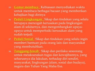 15.   Gemar membaca : Kebiasaan menyediakan waktu
      untuk membaca berbagai bacaan yang memberikan
      kebajikan bagi dirinya
16.   Peduli Lingkungan : Sikap dan tindakan yang selalu
      berupaya mencegah kerusakan pada lingkungan
      alam di sekitarnya, dan mengembangkan upaya-
      upaya untuk memperbaiki kerusakan alam yang
      sudah terjadi.
17.   Peduli Sosial : Sikap dan tindakan yang selalu ingin
      memberi bantuan pada orang lain dan masyarakat
      yang membutuhkan.
18.   Tanggung-Jawab : Sikap dan perilaku seseorang
      untuk melaksanakan tugas dan kewajibannya, yang
      seharusnya dia lakukan, terhadap diri sendiri,
      masyarakat, lingkungan (alam, sosial dan budaya),
      negara dan Tuhan Yang Maha Esa.
 