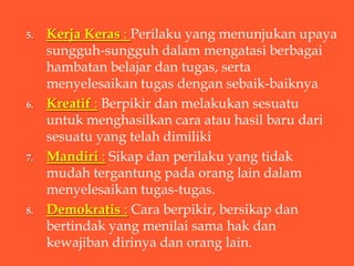 5.   Kerja Keras : Perilaku yang menunjukan upaya
     sungguh-sungguh dalam mengatasi berbagai
     hambatan belajar dan tugas, serta
     menyelesaikan tugas dengan sebaik-baiknya
6.   Kreatif : Berpikir dan melakukan sesuatu
     untuk menghasilkan cara atau hasil baru dari
     sesuatu yang telah dimiliki
7.   Mandiri : Sikap dan perilaku yang tidak
     mudah tergantung pada orang lain dalam
     menyelesaikan tugas-tugas.
8.   Demokratis : Cara berpikir, bersikap dan
     bertindak yang menilai sama hak dan
     kewajiban dirinya dan orang lain.
 