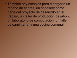 También hay establos para albergar a un rebaño de cabras, un cheesery como parte del proyecto de desarrollo en el trabajo, un taller de producción de jabón, un laboratorio de computación, un taller de carpintería, y una cocina comunal.  