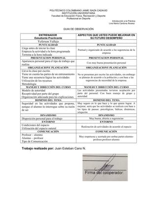 POLITÉCNICO COLOMBIANO JAIME ISAZA CADAVID
INSTITUCIÓN UNIVERSITARIA
Facultad de Educación Física, Recreación y Deporte
Profesional en Deporte
Introducción a la Práctica
Lina María Cardona Álvarez
GUIA DE OBSERVACIÓN
ENTRENADOR
Estudiante Practicante
ASPECTOS QUE USTED PUEDE MEJORAR EN
SU FUTURO DESEMPEÑO
Yeferson Vallejo
PUNTUALIDAD PUNTUALIDAD
Llega antes de iniciar la clase
Empieza la actividad a la hora programada
Termina a la hora indicada
Puntual y organizado de acuerdo a las sugerencias de la
empresa
PRESENTACION PERSONAL PRESENTACION PERSONAL
Apariencia personal para el tipo de trabajo que
realiza
Con muy buena presentación personal
ORGANIZACIONY PLANEACIÓN ORGANIZACIONY PLANEACIÓN
Lleva la clase por escrito
Tiene en cuenta las partes de un entrenamiento
Tiene una secuencia lógica las actividades
Utilización de los recursos
Metodología
No se presentan por escrito las actividades, sin embargo
se planean de acuerdo a la población y con base a las
sugerencias de necesidad de la empresa.
MANEJO Y DIRECCIÓN DEL CURSO MANEJO Y DIRECCIÓN DEL CURSO
Modelo de autoridad
Receptividad por parte del grupo
Organización adecuada para las explicaciones
Las actividades presentadas tuvieron aceptación por
parte del personal. Con buen manejo de grupo y
autoridad
DOMINIO DEL TEMA DOMINIO DEL TEMA
Seguridad en las actividades que propone,
aunque el alumno lo interrogue sobre su razón
de ser
Muy seguro en lo que hace y lo que quiere lograr. A
mejorar, seria que las actividades se realicen con base a
los tipos de pausas: psicológicas, lúdicas, dinámicas,
relajación
DINAMISMO DINAMISMO
Disposición personal para el trabajo Muy buena, abierta a sugerencias
ENTORNO ENTORNO
Condiciones del espacio
Utilización del espacio natural
Realización de actividades de acuerdo al espacio
COMUNICACIÓN COMUNICACIÓN
Profesor – alumno
Alumno – profesor
Tipo de Comunicación
Muy respetuosa y acertada por ambas partes alumno-
profesor,profesor-alumno
Trabajo realizado por: Juan Esteban Cano N.
 