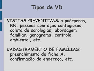 Tipos de VD

VISITAS PREVENTIVAS: a puérperas,
 RN, pessoas com dças contagiosas,
 coleta de sorologias, abordagem
 familiar, genograma, controle
 ambiental, etc.

CADASTRAMENTO DE FAMÍLIAS:
 preenchimento de ficha A,
 confirmação de endereço, etc.
 