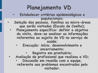 Planejamento VD
   •     Estabelecer critérios epidemiológicos e
                      populacionais;
•    Seleção das pessoas, famílias ou micro-áreas
         que serão visitadas (Escala de Coelho);
   •  Planejamento específico: definir o objetivo
       da visita, deve-se analisar as informações
       referentes ao sujeito da VD no serviço de
                          saúde;
      •    Execução: início, desenvolvimento e
                      encerramento;
             •   Registro em prontuário;
  •   Avaliação do profissional que realizou a VD;
      •    Discussão em reunião com a equipe,
       referente aos problemas encontrados pelo
                        visitador.
 