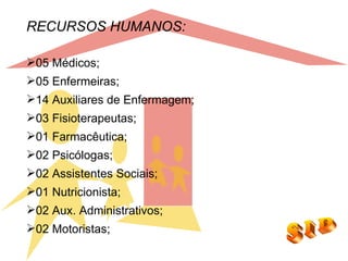 RECURSOS HUMANOS:

05 Médicos;
05 Enfermeiras;
14 Auxiliares de Enfermagem;
03 Fisioterapeutas;
01 Farmacêutica;
02 Psicólogas;
02 Assistentes Sociais;
01 Nutricionista;
02 Aux. Administrativos;
02 Motoristas;
 