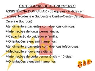CATEGORIAS DE ATENDIMENTO
ASSISTÊNCIA DOMICILIAR - 03 equipes divididas em
regiões: Nordeste e Sudoeste e Centro-Oeste (Catuaí,
Cereja e Bourbon)
Atendimento a pacientes com doenças crônicas;
Internações de longa permanência;
Capacitação do cuidador e família;
Orientações e encaminhamentos.
Atendimento a pacientes com doenças infecciosas;
Medicação endovenosa diária;
Internações de curta permanência – 10 dias;
Orientações e encaminhamentos
 