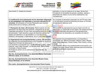 Calle 43 No. 57-14 Centro Administrativo Nacional, CAN, Bogotá, D.C.
PBX: (057) (1) 222 2800 - Fax 222 4953
www.mineducacion.gov.co - atencionalciudadano@mineducacion.gov.co
(documento 3, carpeta de anexos) planeado y lo que se observa en la clase. Se les hizo
hincapié en la necesidad de pensar y analizar, planear y
desarrollar las clases a la luz de los estándares y las
competencias.
6. Cualificación de la planeación de los docentes integrando
el uso pedagógico de materiales y recursos educativos (10
minutos). Se comparte el Formato Planeador para resolver
dudas acerca de su manejo y desarrollo.
Se comparte el planeador propuesto por el PTA pero este
no es abordado porque los docentes ya tienen un formato
de planeación dado por la IE.
7. Planeación de clase. (40 minutos). Reformulación de una
planeación de clase para tres sesiones, integrando el uso de
materiales educativos. El tutor hace acompañamiento en el uso
del planeador. Cada docente o grupo de docentes planea tres
clases que atiendan a un eje temático o a una secuencia
didáctica, de lenguaje o matemáticas, de un curso seleccionado.
Se comparte las planeaciones que se hacen en la IE, la
estructura y su desarrollo en las clases. Se analiza la forma
de incluir materiales educativos en las planeaciones
realizadas por los docentes y se comparte con todo el
grupo.
8. Organización de acompañamientos y cierre. (20 minutos).
Se organizan los acompañamientos a los docentes en donde se
diligencia el formato de observación.
Los docentes a acompañar son: Janeth del Pilar Lozano, Tania
Cadavid, Jairo Calle Carvajal, Luz Miryam Arias, Blanca Nelly
Coronado y Flavia Cuesta.
Se finaliza la sesión con la valoración de los docentes del
encuentro.
Se organizan los acompañamientos. Los docentes a
acompañar son: Blanca Coronado, Alfonso López, Miryam
Arias, Dorys Restrepo, Flavia Cuesta, Pilar Lozano y Jhony
Henao.
Los docentes valoran muy positivamente el encuentro y se
alegran de poder realizar estas sesiones para encontrarnos,
aprender y compartir experiencias.
Día dos, Acompañamiento a los docentes Blanca Coronado,
Alfonso López, en la mañana
Día tres, Acompañamiento a los docentes Miryam Arias,
Dorys Restrepo, en la mañana
Día cuatro, Acompañamiento a las docentes Flavia Cuesta,
 