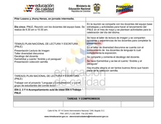 Calle 43 No. 57-14 Centro Administrativo Nacional, CAN, Bogotá, D.C.
PBX: (057) (1) 222 2800 - Fax 222 4953
www.mineducacion.gov.co - atencionalciudadano@mineducacion.gov.co
Pilar Lozano y Jhony Henao, en jornada intermedia.
Día cinco. PNLE. Reunión con los docentes del equipo base. Se
realiza de 6:30 am a 10:30 am.
En la reunión se comparte con los docentes del equipo base
estrategias y actividades para hacer el lanzamiento del
PNLE en el mes de mayo y se plantean actividades para la
celebración del día del idioma.
TEMA(S) PLAN NACIONAL DE LECTURA Y ESCRITURA
(PNLE)
Presentación Lectura de imagen
Taller diversidad discursiva
Decálogo del docente
Kamishibai y cuento “Andrés y el paraguas”
Presentación colección semilla
Se hace el taller de lectura de imagen y se comparten
opiniones y experiencias de los docentes para completar la
presentación.
En el taller de diversidad discursiva se cuenta con el
conocimiento de los docentes de lenguaje lo cual
complementa la exposición.
Se comparte y comenta el decálogo del docente.
Se hace Kamishibai y se lee el cuento “Andrés y el
paraguas”
Hay mucha alegría al ver tantos buenos libros que hacen
parte de la colección semilla.
TAREA(S) PLAN NACIONAL DE LECTURA Y ESCRITURA
(PNLE)
Trabajar con el proyecto “Lenguaje y Comunicación” y con el
grupo de estudiantes del comité lector.
DÍA 2, 3 Y 4 Acompañamiento aula de clase DÍA 5 Trabajo
PNLE
TAREAS Y COMPROMISOS
 