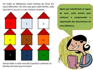 Em todas as bibliotecas vivem famílias de livros em
casas diferentes. Há uma casa para cada família, cada
casa tem a sua cor e o seu número na porta.             Agora que relembraste as regras
                                                        de ouro, estás pronto para
                                                        conhecer   e   compreender   a
                                                        organização dos documentos de
       0                1                2
                                                        uma biblioteca.




      3                 5                6




       7                8                9


Vamos bater a cada uma das 9 portas e conhecer as
famílias de livros que lá vivem!
 