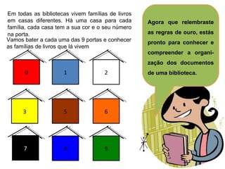 Agora que relembraste as regras de ouro, estás pronto para conhecer e compreender a organi- zação dos documentos de uma biblioteca. Em todas as bibliotecas vivem famílias de livros em casas diferentes. Há uma casa para cada família, cada casa tem a sua cor e o seu número na porta . 0 1 2 3 5 6 7 8 9 Vamos bater a cada uma das 9 portas e conhecer as famílias de livros que lá vivem 