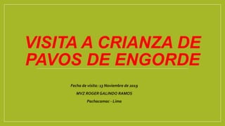 VISITA A CRIANZA DE
PAVOS DE ENGORDE
Fecha de visita: 13 Noviembre de 2019
MVZ ROGER GALINDO RAMOS
Pachacamac - Lima
 