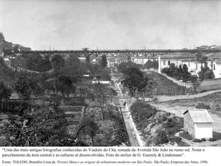 “Uma das mais antigas fotografias conhecidas do Viaduto do Chá, tomada da Avenida São João no rumo sul. Notar o
parcelamento da área central e as culturas aí desenvolvidas. Foto do atelier de G. Gaensly & Lindemann”.
Fonte: TOLEDO, Benedito Lima de. Prestes Maia e as origens do urbanismo moderno em São Paulo. São Paulo, Empresa das Artes, 1996.
 