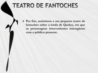 SALA DOS EMBAIXADORESA sua construção decorreu entre 1754 e 1762, pelo arquitecto Jean-Baptiste Robillion. Originalmente designada por Barraca Rica, Sala das Colunas, dos Serenins e Galeria, passou a ser conhecida, depois de 1794, durante a regência do príncipe D. João (1767-1826), por Sala das Talhas e Sala dos Embaixadores. A tela central representa a Família Real participando muma serenata ao qual preside o Rei D. José e a Rainha D. Mariana Vitória. A existência de dois espaços para tronos, delimitados pelas colunas em espelho, justificava-se pelas funções em que a rainha e o rei eram acompanhados pelos Príncipes do Brasil, título por que eram conhecidos os Príncipes Herdeiros. Completa a decoração desta sala um conjunto de grandes vasos de porcelana da China.