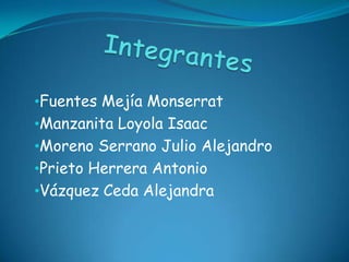 •Fuentes Mejía Monserrat
•Manzanita Loyola Isaac
•Moreno Serrano Julio Alejandro
•Prieto Herrera Antonio
•Vázquez Ceda Alejandra
 