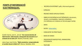 FONTS D’INFORMACIÓ
ELECTRÒNIQUES.
- RECERCA EN INTERNET: pdfs, informació general.
- CATÀLEGS
- PÀGINES WEBS ESPECIALITZADES.
- OBRES DE REFERÈNCIA ELECTRÒNIQUES: diccionaris,
anuaris, enciclopèdies, repertoris estadístics.
A la biblioteca en trobareu en format paper també.
- WIKIS
- BLOGS : bibarnabloc.
- COMUNITAT EN PRÀCTIQUES
- BASES DE DADES
- PRESENTACIÓ DIAPOSITIVES, ANIMACIONS,
FOTOGRAFIA
- YOUTUBE
Cordón García, José A….[et al]. “Las nuevas fuentes de
Información: información y búsqueda documental en el
contexto de la web 2.0”. Madrid, Pirámide, 2010
Labra Cayo, José Emilio. “Web semántica: comprendiendo
el cambio hacia la Web 3.0”. Oleiros: Netbiblo, 2011
 