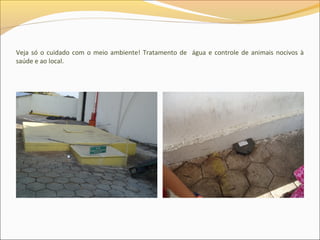 Veja só o cuidado com o meio ambiente! Tratamento de água e controle de animais nocivos à
saúde e ao local.
 